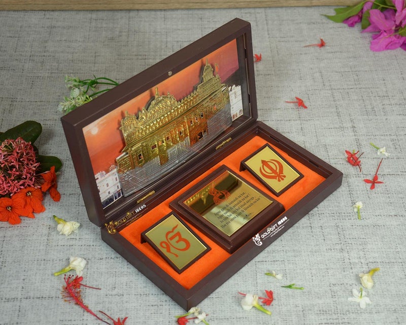 GoldGiftIdeas 24K Gold Plated WaheGuruji Photo Frame Box with Golden Temple (Khanda Craving), GuruNanak Wooden Momento Gift, Return Gifts for Marriage - Image 3