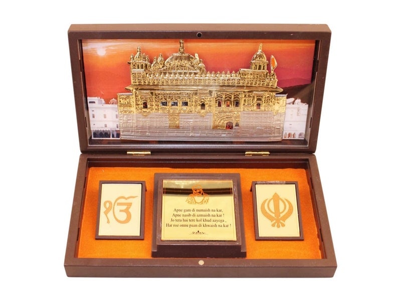 GoldGiftIdeas 24K Gold Plated WaheGuruji Photo Frame Box with Golden Temple (Khanda Craving), GuruNanak Wooden Momento Gift, Return Gifts for Marriage - Image 1