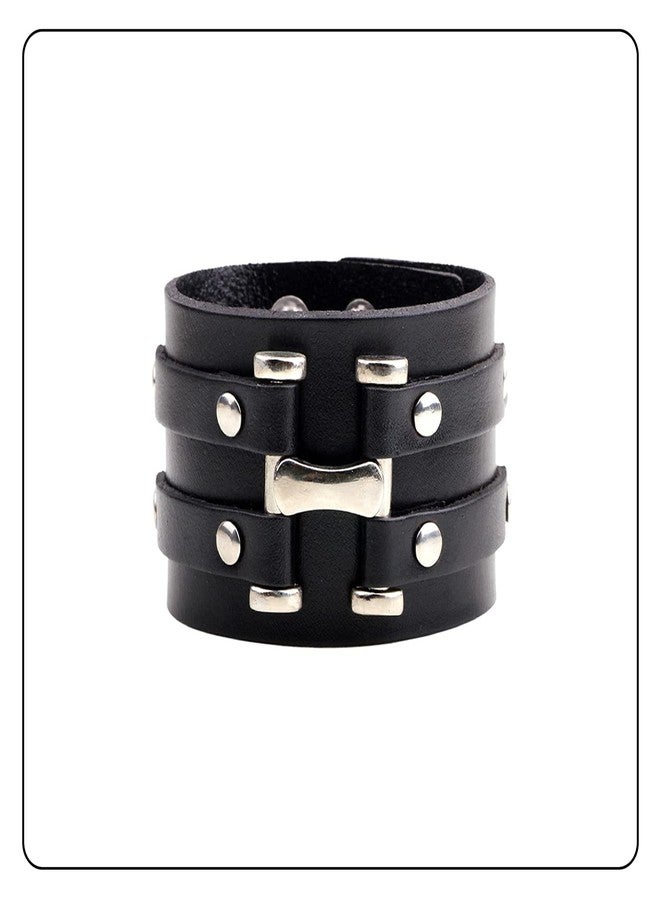 Fusamk Fashion Alloy Snap Wide Leather Wristband Cuff Bracelet,7-8inches - Image 2