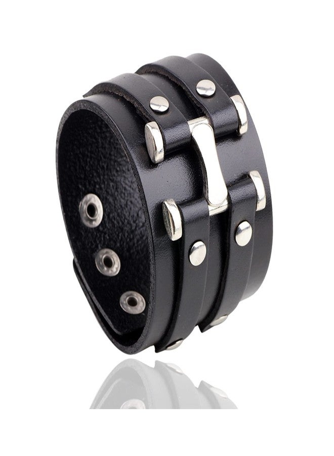 Fusamk Fashion Alloy Snap Wide Leather Wristband Cuff Bracelet,7-8inches - Image 1