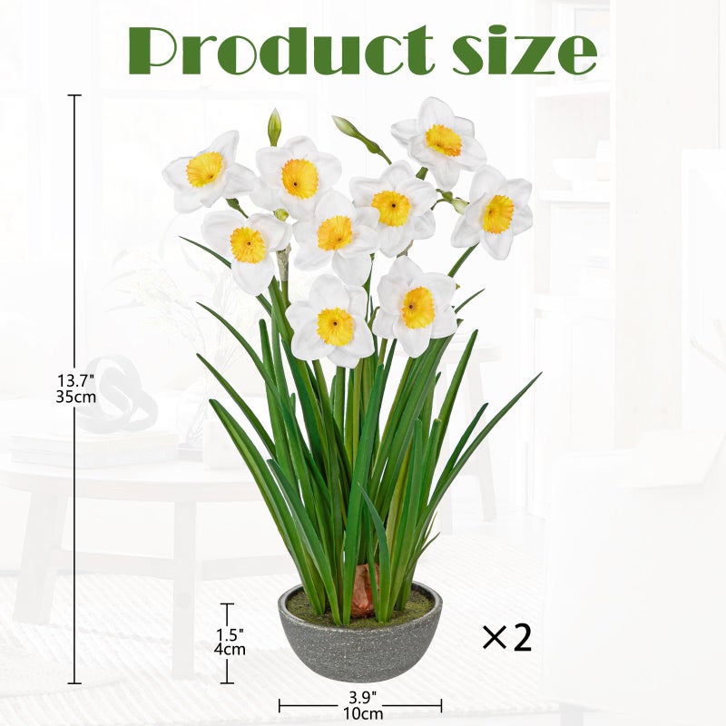 Villa Como Small Artificial Flowers in Pot 14" Fuax Daffodil Potted Flowers Plant Decor Room 2 Pcs Farmhouse Fake White Flower Plants Desktop Spring Summer Flowers for Home Decor Indoor - Image 2