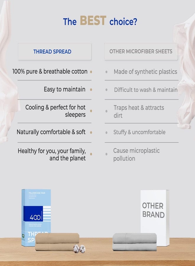 THREAD SPREAD 100% Cotton Pillowcases Standard/Queen Size Set of 2-400 Thread Count Cotton Pillowcases, Ultra Soft Cooling Sateen Weave Pillow Cases for Sleeping, Set of 2 Pillow Covers (Taupe) - Image 5