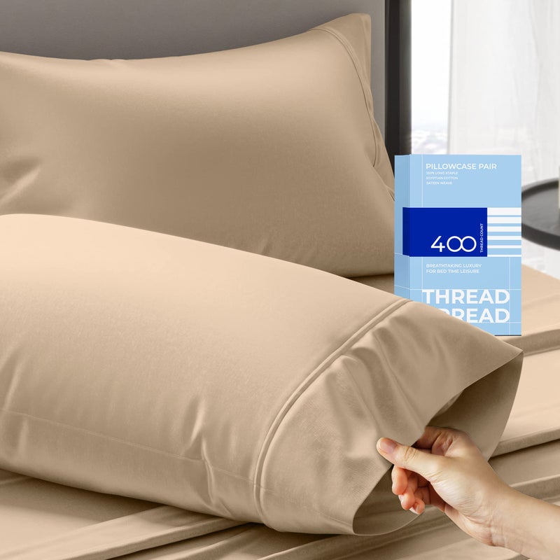THREAD SPREAD 100% Cotton Pillowcases Standard/Queen Size Set of 2-400 Thread Count Cotton Pillowcases, Ultra Soft Cooling Sateen Weave Pillow Cases for Sleeping, Set of 2 Pillow Covers (Taupe) - Image 1