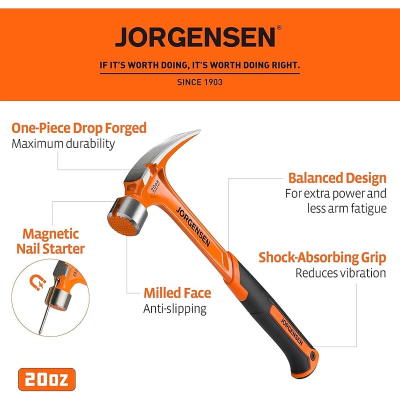 Jorgensen جورجنسن مطرقة تأطير 20 اونصة مع حامل مسامير مغناطيسي، مطرقة مخلبية مستقيمة مع وجه مطحون ومقبض لتقليل الصدمات، مطرقة مطروقة شديدة التحمل من قطعة واحدة - Image 3