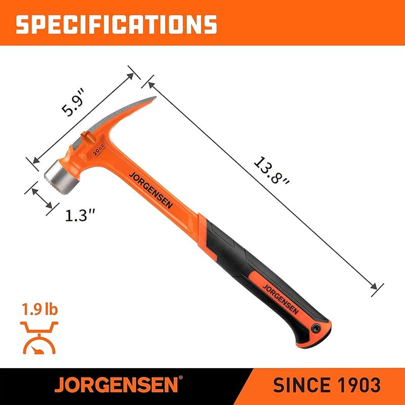 Jorgensen جورجنسن مطرقة تأطير 20 اونصة مع حامل مسامير مغناطيسي، مطرقة مخلبية مستقيمة مع وجه مطحون ومقبض لتقليل الصدمات، مطرقة مطروقة شديدة التحمل من قطعة واحدة - Image 2