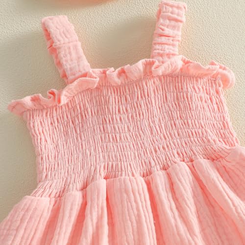 Mubineo Baby Girl Clothes Summer Dress Cotton Linen Romper Sleeveless Smocked Rompers Sun Dress Hat Skirt Boho Outfits (Solid Pink, 6-9 Months) - Image 5