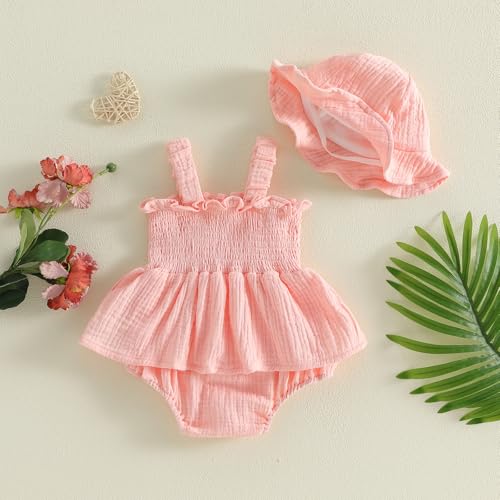 Mubineo Baby Girl Clothes Summer Dress Cotton Linen Romper Sleeveless Smocked Rompers Sun Dress Hat Skirt Boho Outfits (Solid Pink, 6-9 Months) - Image 4