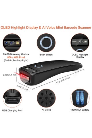 Mini Bluetooth Barcode Scanner, Wireless 2D QR 1D Bar Code Scanners with OLED Digital Display & AI Voice, Small Portable Handheld Barcode Reader for iPhone, Android, iPad, PC Computers & POS - view 2