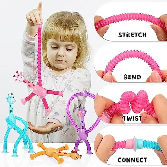 YHRY Telescopic Suction Cup Giraffe Toy, 4 Pcs Pop Tubes Sensory Toys for Toddlers, Fun Educational Stress Relief Toys, Funny Gifts for Toddlers, Sensory Toys Birthday Gift Party Favors for Kids - Image 3