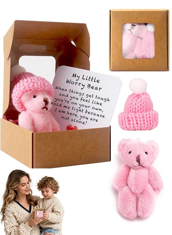 Worry Bear Hug in a Box,A Little Pocket Bear Hug,Mini Worry Bears with Inspirational Card,Handmade Mini Plush Teddy Bears in Box,Bears Doll,Positive Gifts for Kids,Friends,Suitable for Valentine's Day Christmas(Pink) - Image 1