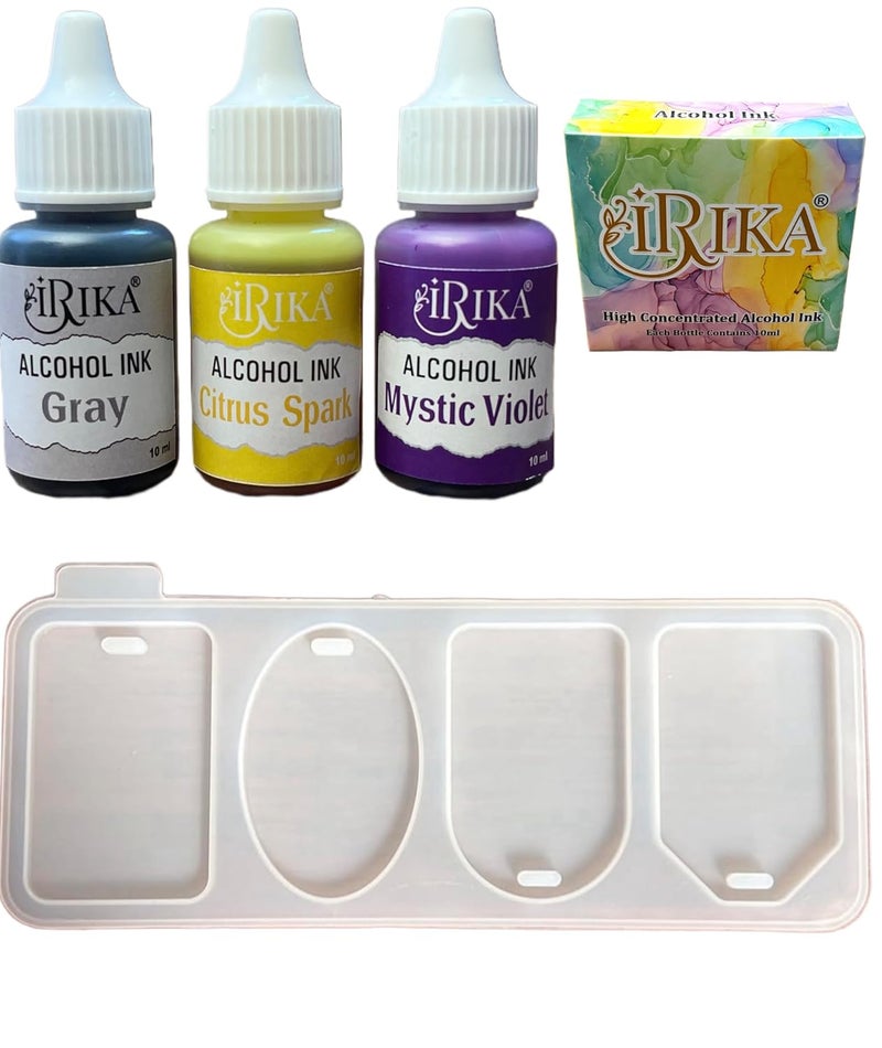 IRIKA 4in1 Luggage Tag Mold with 3 Alcohol Ink Set Citrus Spark Violet Gray NonToxic NonYellowing Perfect for Resin Art - Image 1
