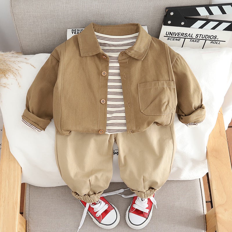 Boys Autumn Outfit Set 2024 New Kids Shirt Long Sleeve 3-Piece Trendy Korean Style Brown shirt long sleeve three-piece suit 