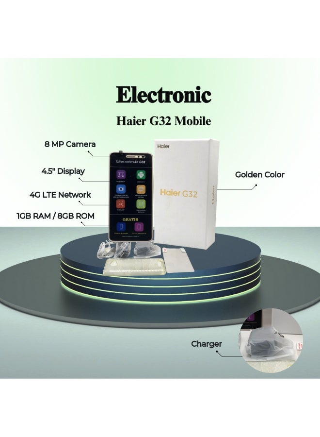 هاير هاتف هاير G32 الذكي بتقنية الجيل الرابع (ذهبي) | شاشة 4.5 بوصة، كاميرا 8 ميجابكسل، ذاكرة وصول عشوائي (RAM) سعة 1 جيجابايت/ذاكرة قراءة فقط (ROM) سعة 8 جيجابايت | طقم كامل مع واقي شاشة، غطاء خلفي شفاف، شاحن، وسماعة أذن - Image 1