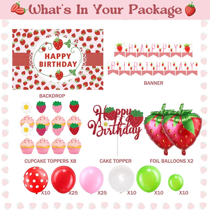 Hombae 103 PCs Strawberry Party Decorations, Hombae Strawberry Decorations for Birthday Backdrop Balloon Garland Arch Happy Birthday Banner Cake Cupcake Topper Pink White Red - Image 2