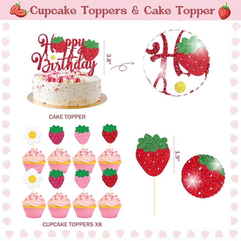 Hombae 103 PCs Strawberry Party Decorations, Hombae Strawberry Decorations for Birthday Backdrop Balloon Garland Arch Happy Birthday Banner Cake Cupcake Topper Pink White Red - Image 4