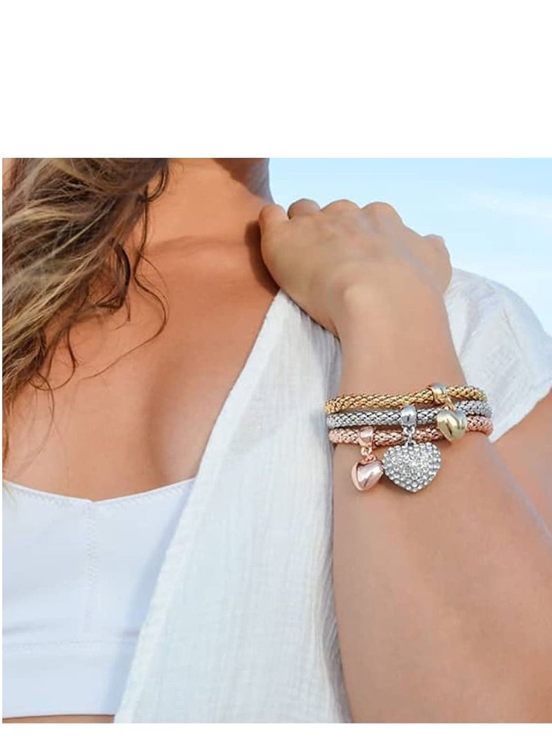 SYOSI Multilayer Bracelets, Crystal Charms Multilayer Bracelets, 3PCS Gold, Silver, Rose Gold Corn Chain Bracelet for Women, Tree of Life Heart Shaped Stretch Bracelet - Image 3