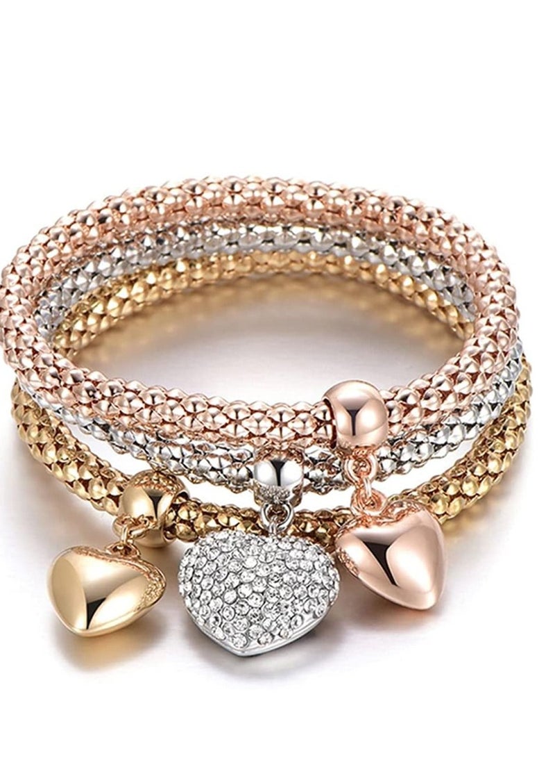 SYOSI Multilayer Bracelets, Crystal Charms Multilayer Bracelets, 3PCS Gold, Silver, Rose Gold Corn Chain Bracelet for Women, Tree of Life Heart Shaped Stretch Bracelet - Image 1
