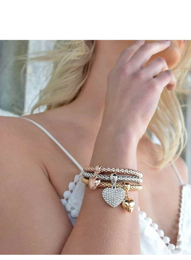 SYOSI Multilayer Bracelets, Crystal Charms Multilayer Bracelets, 3PCS Gold, Silver, Rose Gold Corn Chain Bracelet for Women, Tree of Life Heart Shaped Stretch Bracelet - Image 4