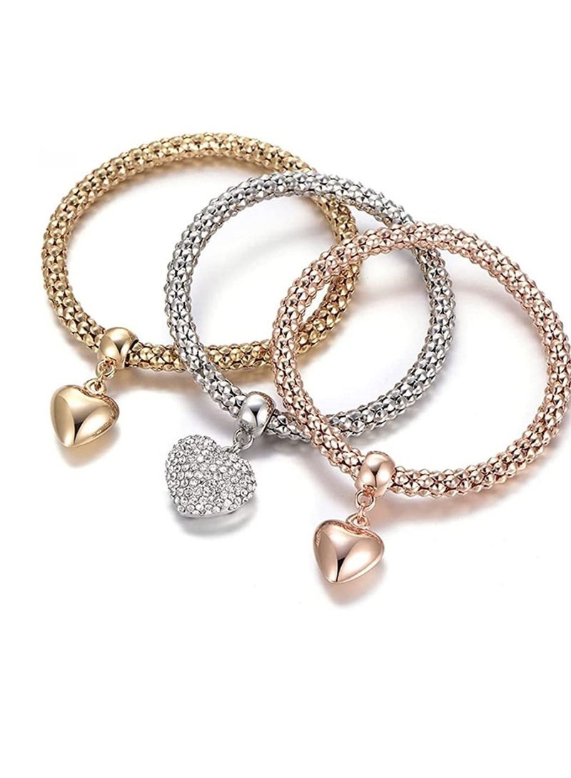 SYOSI Multilayer Bracelets, Crystal Charms Multilayer Bracelets, 3PCS Gold, Silver, Rose Gold Corn Chain Bracelet for Women, Tree of Life Heart Shaped Stretch Bracelet - Image 5