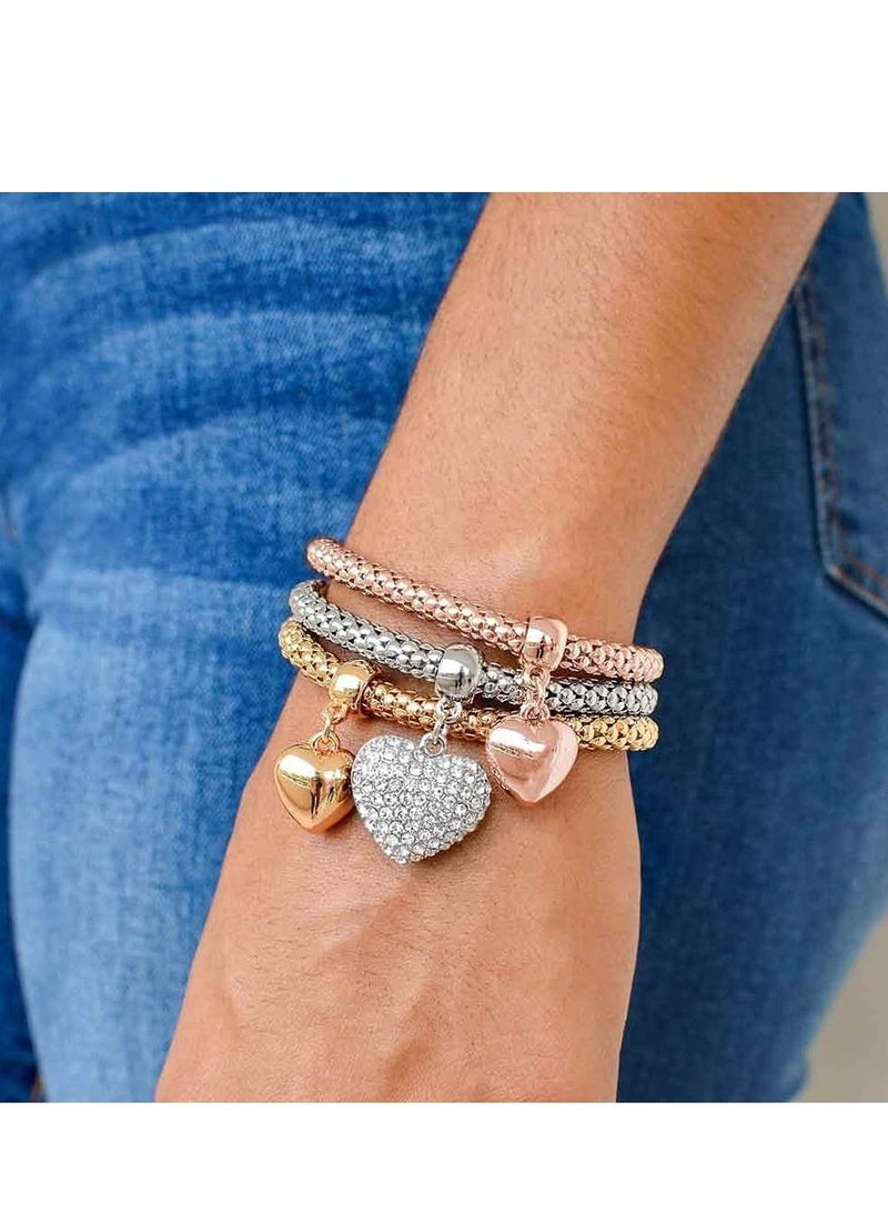 SYOSI Multilayer Bracelets, Crystal Charms Multilayer Bracelets, 3PCS Gold, Silver, Rose Gold Corn Chain Bracelet for Women, Tree of Life Heart Shaped Stretch Bracelet - Image 2