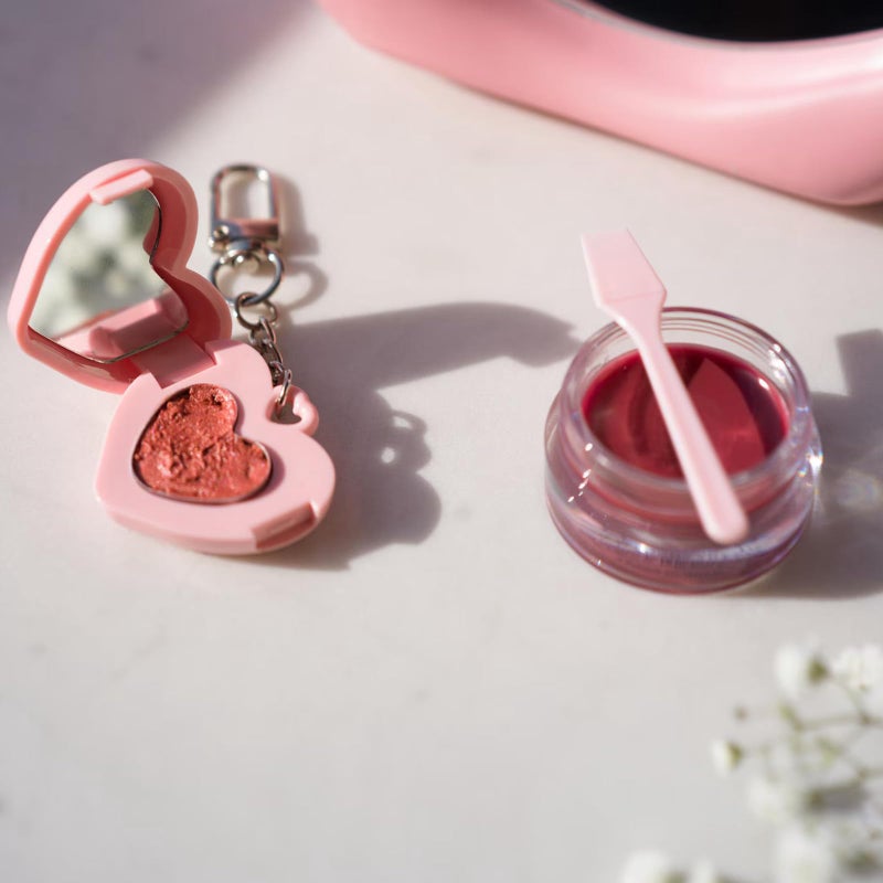 HongEast Cute Heart Keychain,DIY Lip Cheek Balm Heart Purse Bag Charm,Y2K Kawaii Keyring Decor Accessories for Women Gift with Mirror and Spoon(Purple) - Image 4
