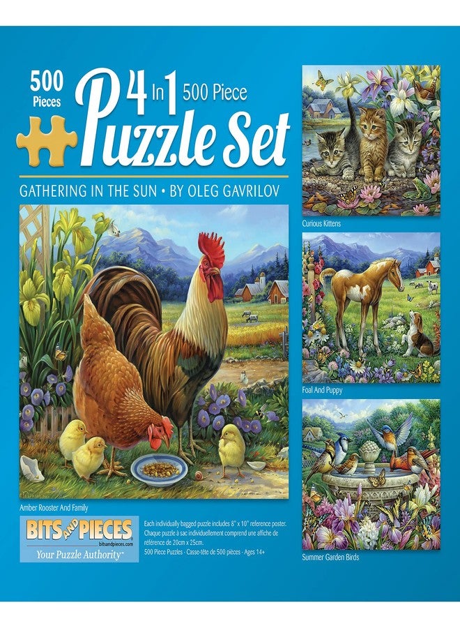 Bits and Pieces – 4-in-1 Multipack Jigsaw Puzzles for Adults – Kittens, Puppies, Rooster, and Summer Garden Birds by Oleg Gavrilov – Colorful Animal & Family Scenes (Four 500 Piece Puzzles 16" x 20") - Image 1