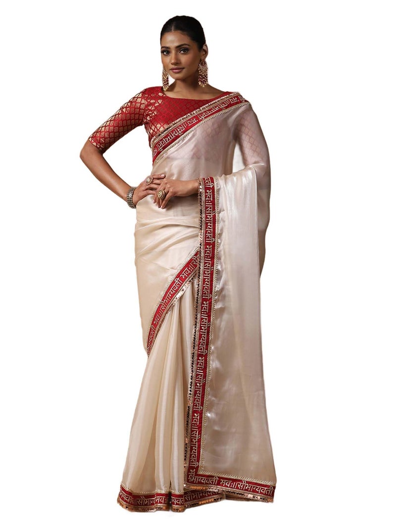 SAREE MALL Women's White Tissue Embroidered Saree With Unstitched Blouse Piece (RADHA2005_RX) - Image 1