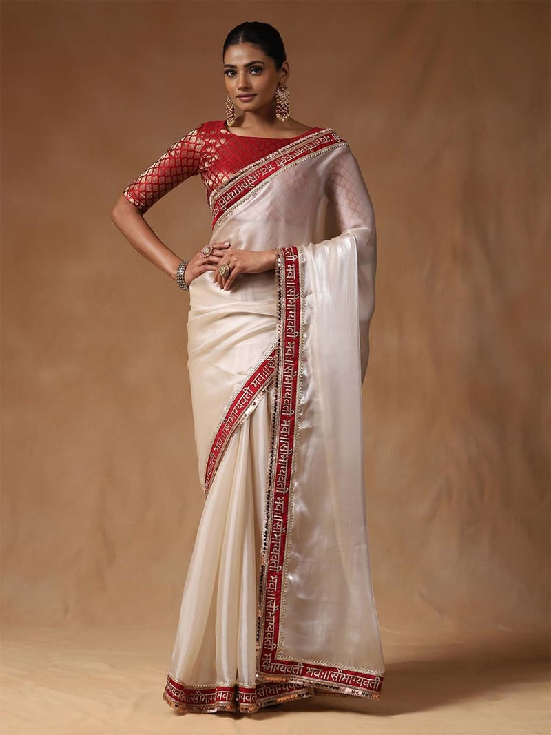 SAREE MALL Women's White Tissue Embroidered Saree With Unstitched Blouse Piece (RADHA2005_RX) - Image 3