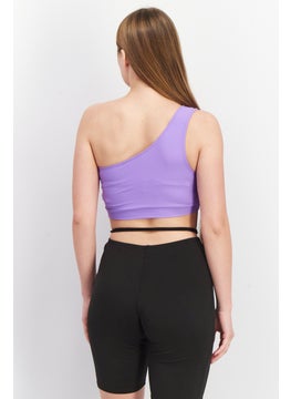 Asos Weekend Collective Women Asymmetrical Neck One Shoulder Sleeve Plain Crop Top, Purple  - Image 2