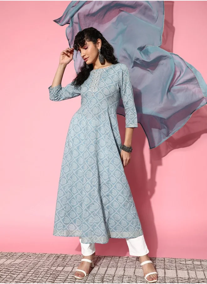 ISHIN Women Blue Bandhani Embroidered Pastels Anarkali Kurta