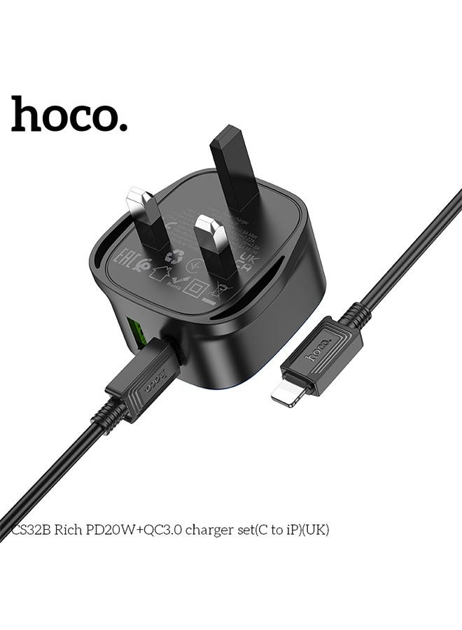 hoco. Wall charger CS32B Rich PD20W + QC3.0 UK cable set With Type-C to Lightning(Black) - Image 5