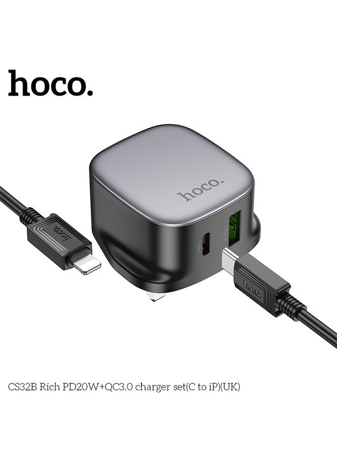 hoco. Wall charger CS32B Rich PD20W + QC3.0 UK cable set With Type-C to Lightning(Black) - Image 2