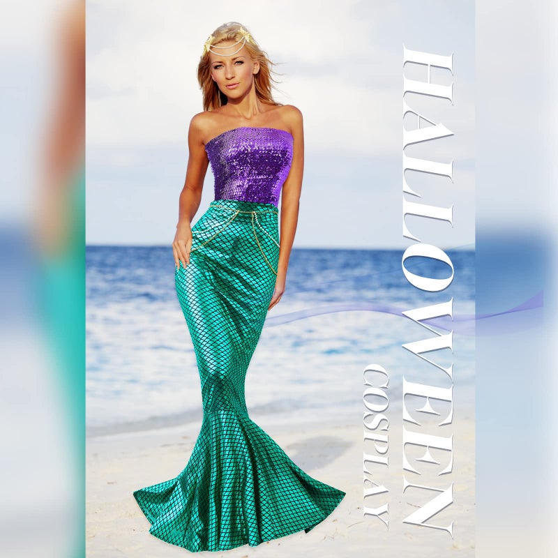 Newcotte 4 Pcs Mermaid Costume for Women Sequin Tube Top Skirt Pearl Waist and Head Chain for Halloween Cosplay (Green, Purple,X-Large) - Image 4