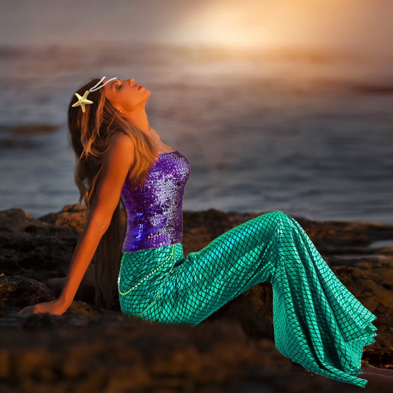 Newcotte 4 Pcs Mermaid Costume for Women Sequin Tube Top Skirt Pearl Waist and Head Chain for Halloween Cosplay (Green, Purple,X-Large) - Image 5