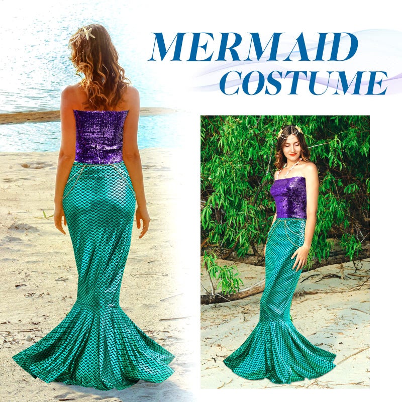 Newcotte 4 Pcs Mermaid Costume for Women Sequin Tube Top Skirt Pearl Waist and Head Chain for Halloween Cosplay (Green, Purple,X-Large) - Image 3