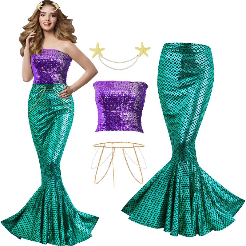 Newcotte 4 Pcs Mermaid Costume for Women Sequin Tube Top Skirt Pearl Waist and Head Chain for Halloween Cosplay (Green, Purple,X-Large) - Image 1