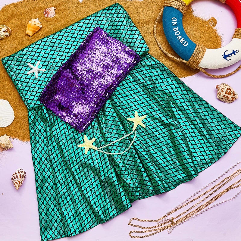 Newcotte 4 Pcs Mermaid Costume for Women Sequin Tube Top Skirt Pearl Waist and Head Chain for Halloween Cosplay (Green, Purple,X-Large) - Image 2