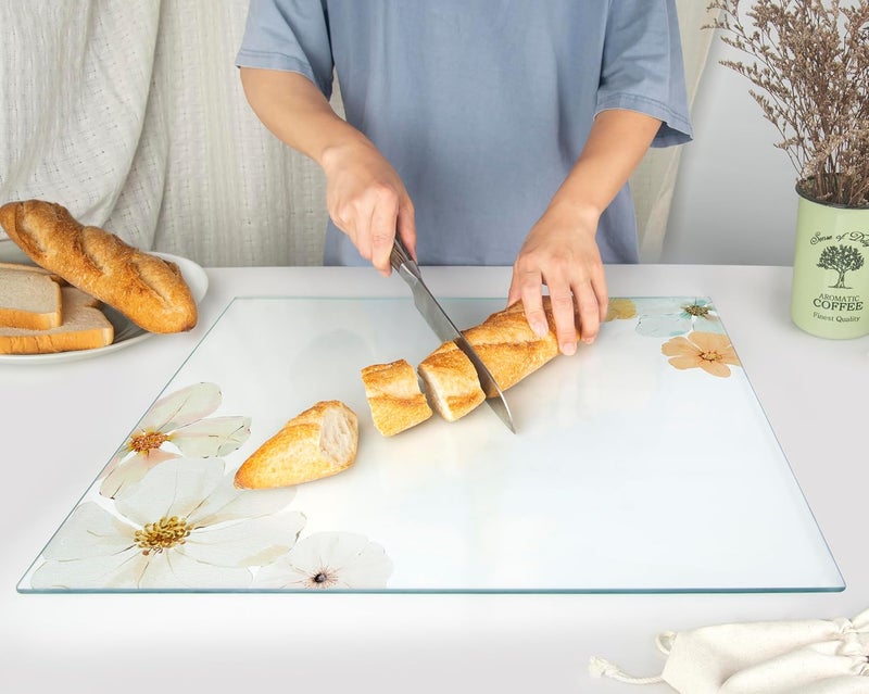 Kitchenville ل��ح تقطيع زجاجي من كيتشينفيل 50×40 سم - لوح تقطيع من الزجاج المقسى الصحي - مقاوم للحرارة، مقاوم للخدش وغير قابل للانزلاق - سطح زجاجي للمطبخ - نقش زهري - Image 3