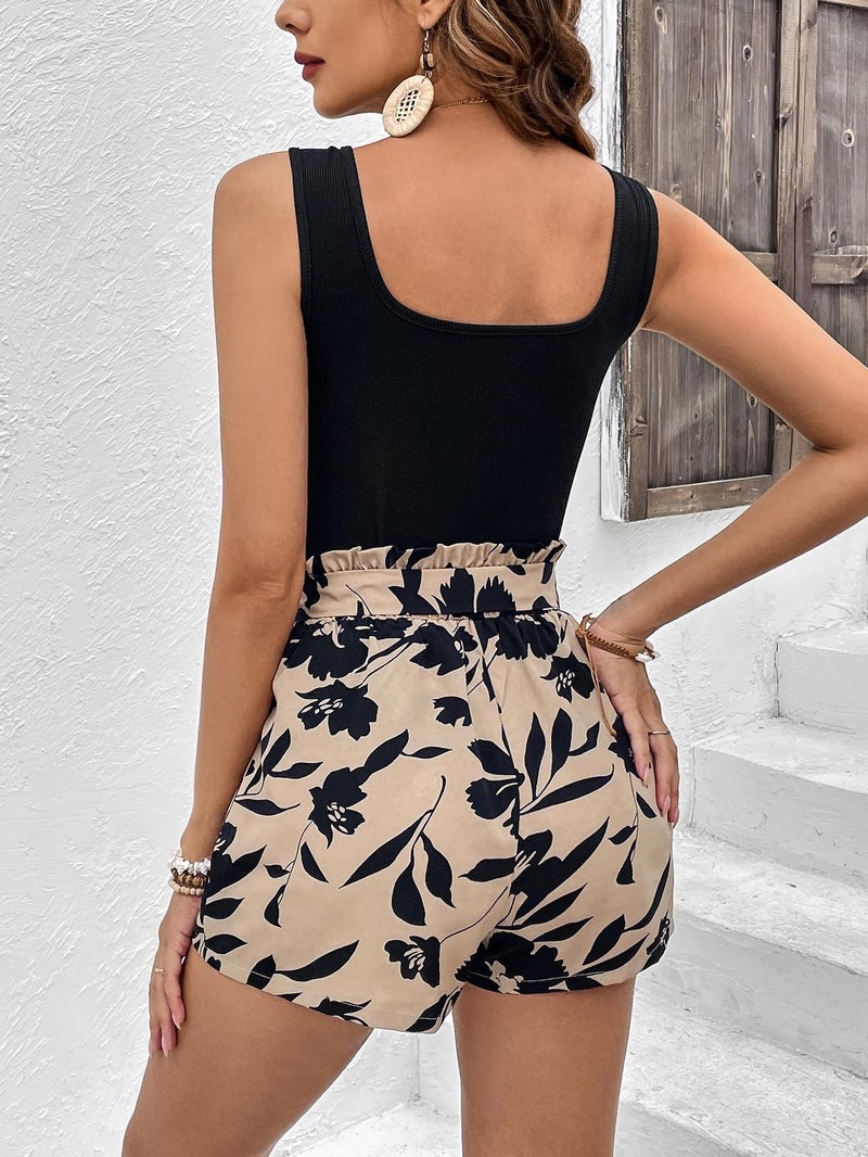 BEAUDRM Women's 2 Piece Outfits Square Neck Tank Top and Summer Floral Print Belted High Waist Shorts Set Multicolor A Medium - Image 5