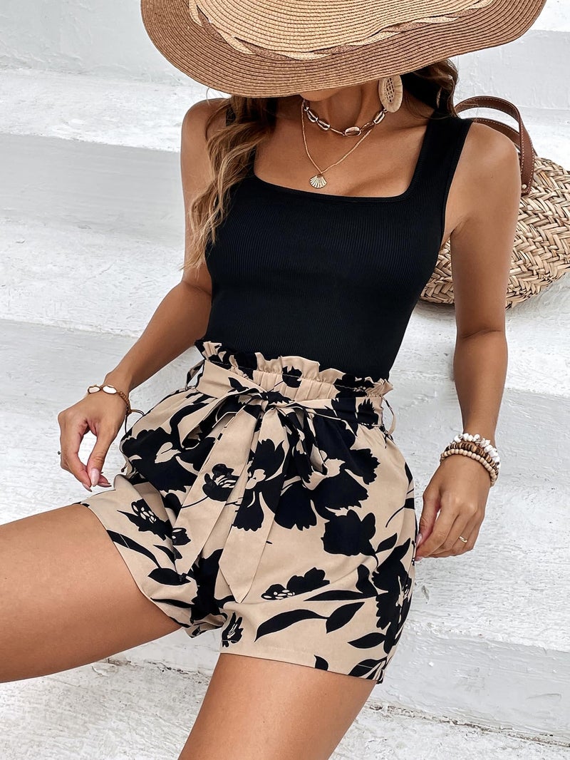 BEAUDRM Women's 2 Piece Outfits Square Neck Tank Top and Summer Floral Print Belted High Waist Shorts Set Multicolor A Medium - Image 3