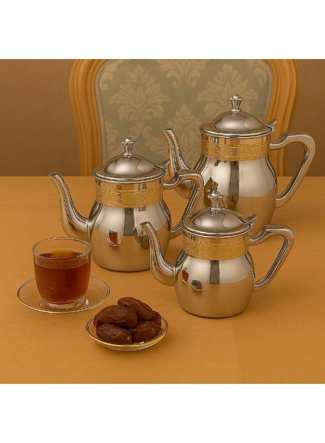 Squalo ✨ Premium Stainless Steel Tea Pot Set with Golden Pattern – 3 Pieces (0.70L • 1.00L • 1.36L) – Multi-Use - Image 1
