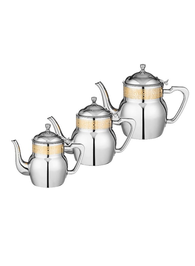 Squalo ✨ Premium Stainless Steel Tea Pot Set with Golden Pattern – 3 Pieces (0.70L • 1.00L • 1.36L) – Multi-Use - Image 4