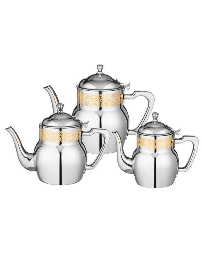 Squalo ✨ Premium Stainless Steel Tea Pot Set with Golden Pattern – 3 Pieces (0.70L • 1.00L • 1.36L) – Multi-Use - Image 3