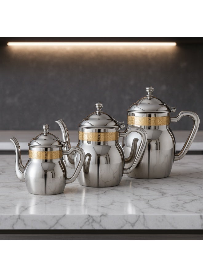Squalo ✨ Premium Stainless Steel Tea Pot Set with Golden Pattern – 3 Pieces (0.70L • 1.00L • 1.36L) – Multi-Use - Image 2