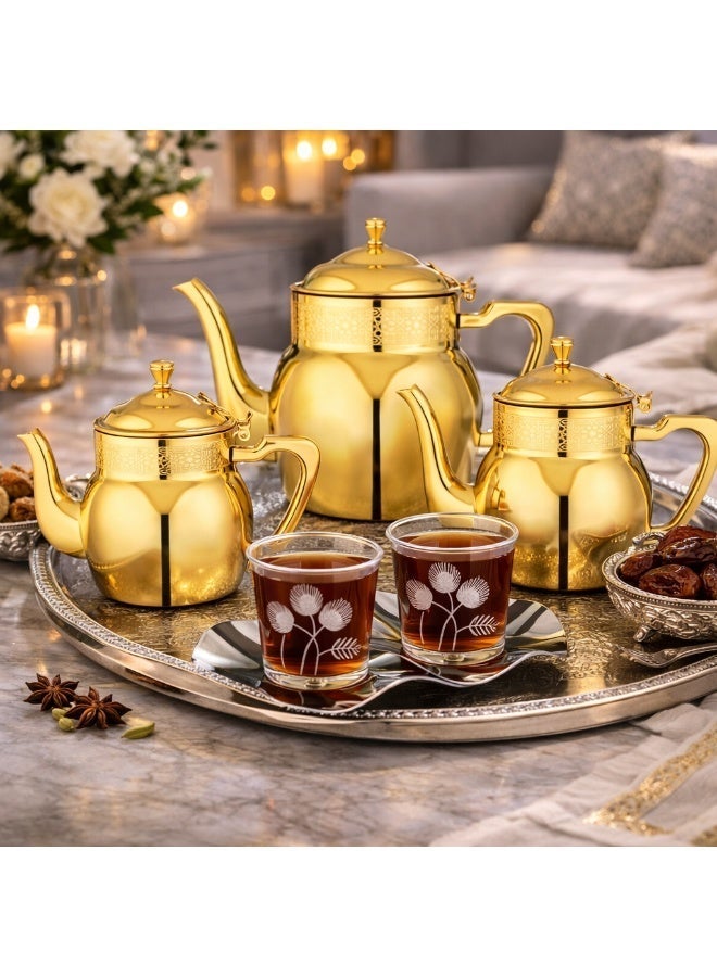 Squalo ✨ Premium Stainless Steel Tea Pot Set with Golden Pattern – 3 Pieces (0.70L • 1.00L • 1.36L) – Multi-Use - Image 1