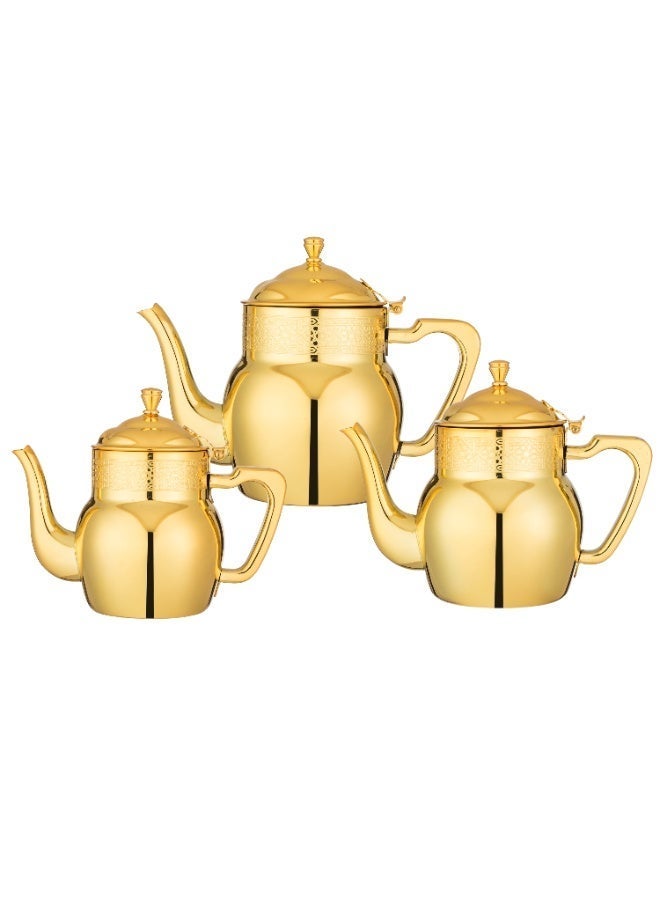 Squalo ✨ Premium Stainless Steel Tea Pot Set with Golden Pattern – 3 Pieces (0.70L • 1.00L • 1.36L) – Multi-Use - Image 4