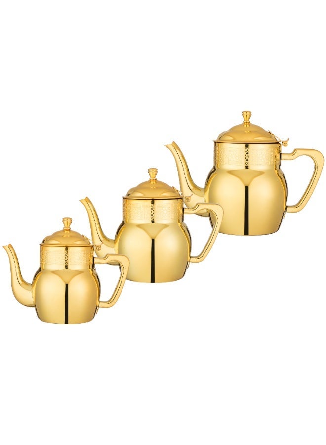Squalo ✨ Premium Stainless Steel Tea Pot Set with Golden Pattern – 3 Pieces (0.70L • 1.00L • 1.36L) – Multi-Use - Image 2