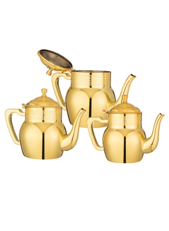Squalo ✨ Premium Stainless Steel Tea Pot Set with Golden Pattern – 3 Pieces (0.70L • 1.00L • 1.36L) – Multi-Use - Image 3
