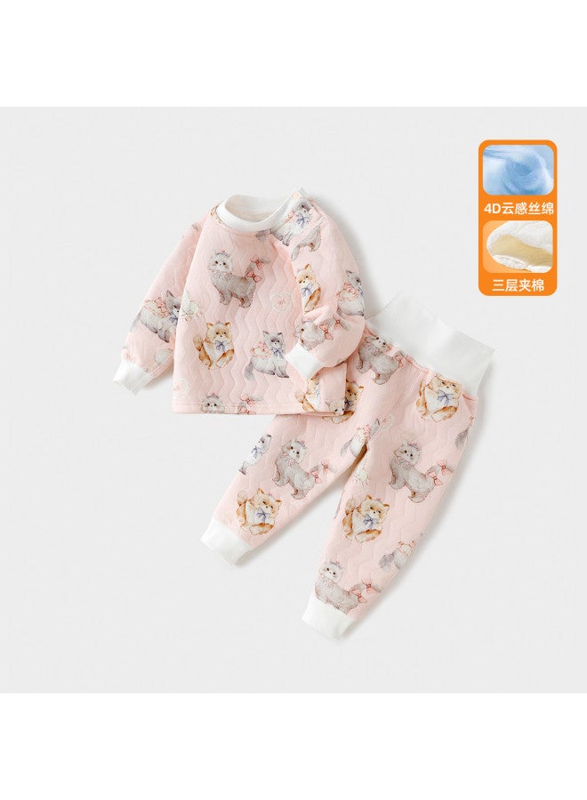 YISHUANGER Children's High-waist Thermal Underwear Set, Baby Autumn/winter Cotton-padded Thickened Belly-protecting Base Layer Homewear Early Winter Outfit - Image 2