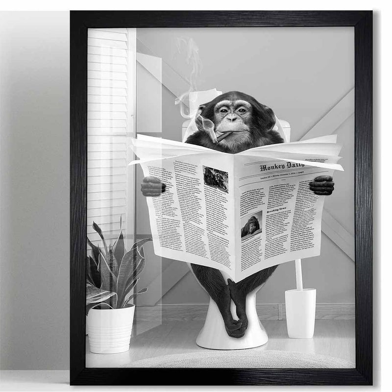 Biufo Bathroom Wall Decor, Monkey on Toilet Framed Wall Art, Animal Canvas Print Poster, Restroom Bathroom Decoration (8"x10") - Image 1